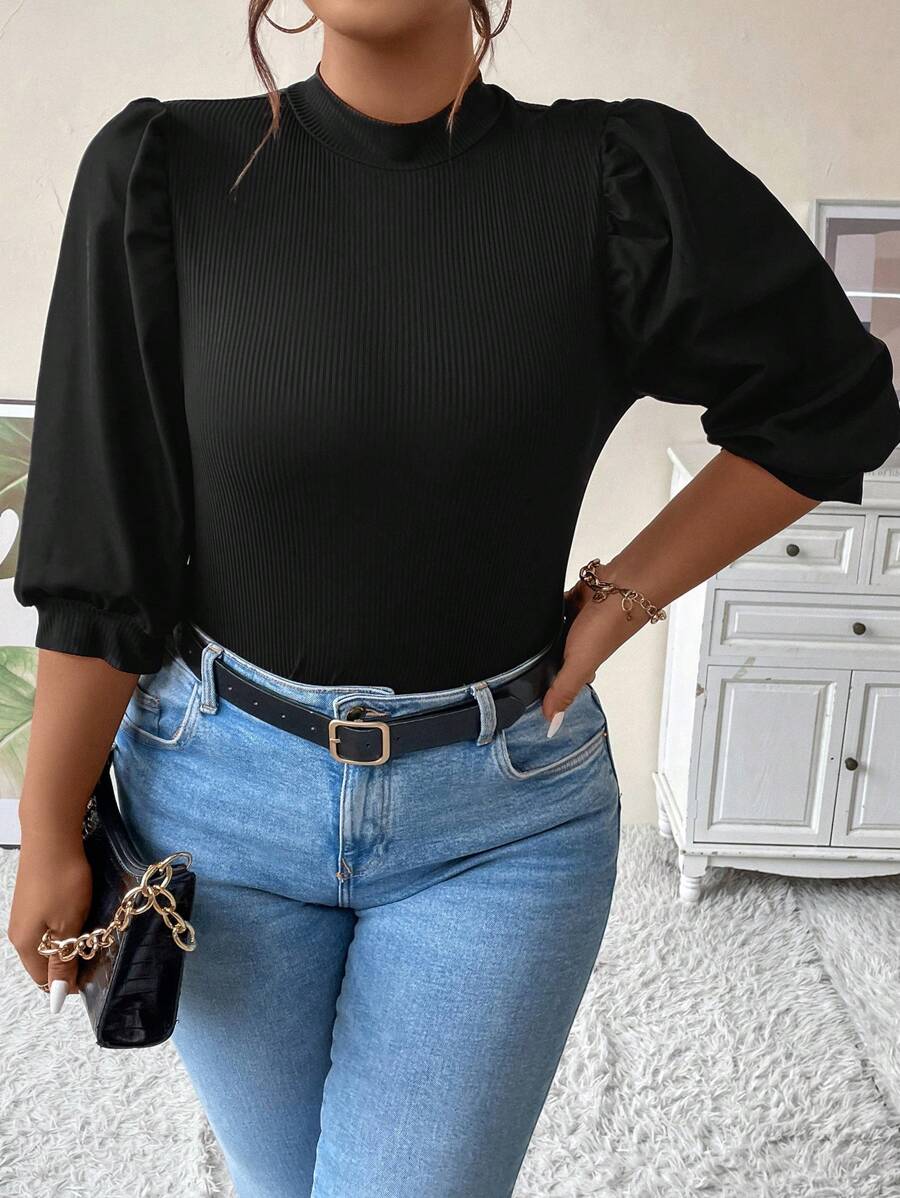 SHEIN Clasi Plus Mock Neck Puff Sleeve Top - Black - View 1