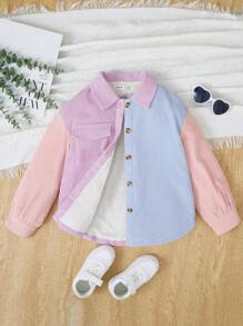 SHEIN Tween Girl Colourblock Flap Pocket Thermal Lined Coat - Multicolor - View 1