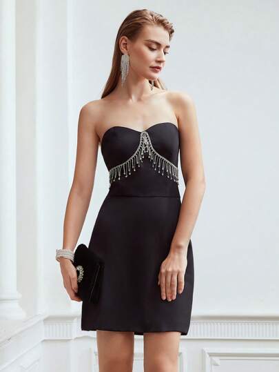 MOTF PREMIUM RHINESTONE FRINGE TUBE DRESS