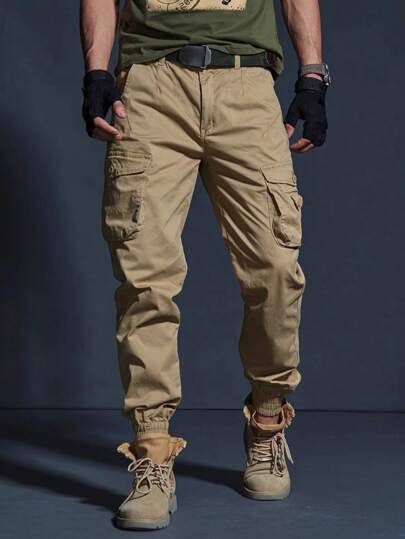 Manfinity Homme Pantalones cargo para hombres sin cinturón con bolsillo con solapa, pantalones largos lisos color caqui, para regalos de esposo o novio, para otoño