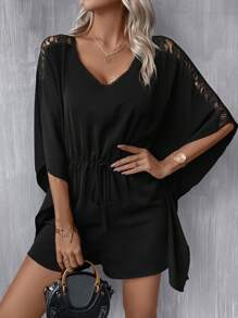 SHEIN Clasi Contrast Lace Batwing Sleeve Drawstring Waist Romper - Black - View 1