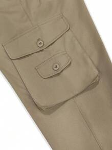 Manfinity Homme Men Flap Pocket Cargo Pants Without Belt, Plain Long Khaki Pants, For Husband, Boyfriend Gifts, For Fall
