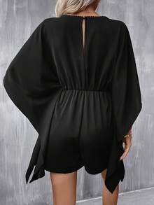 SHEIN Clasi Contrast Lace Batwing Sleeve Drawstring Waist Romper - Black - View 2