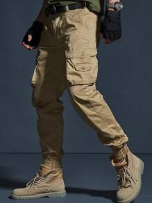 Manfinity Homme Men Flap Pocket Cargo Pants Without Belt, Plain Long Khaki Pants, For Husband, Boyfriend Gifts, For Fall