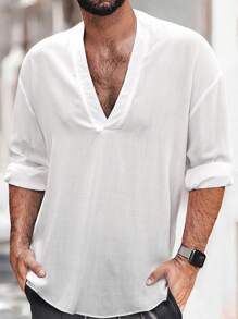 Manfinity Homme 男士寬鬆純色v領垂墜肩襯衫 - 白色 - 查看 1