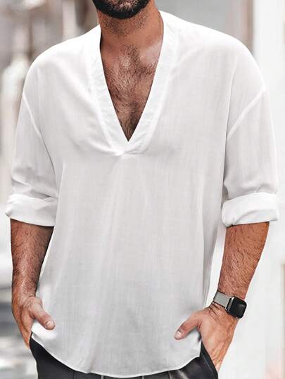 Manfinity Homme 男士寬鬆純色v領垂墜肩襯衫