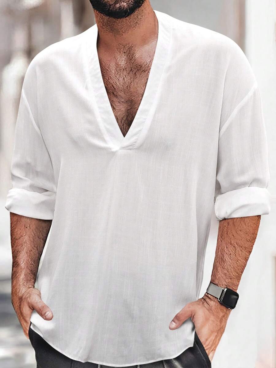 Manfinity Homme 男士寬鬆純色v領垂墜肩襯衫 - 白色 - 查看 1