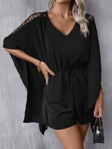 SHEIN Clasi Contrast Lace Batwing Sleeve Drawstring Waist Romper - Black - View 5