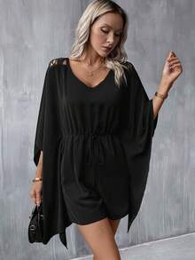 SHEIN Clasi Contrast Lace Batwing Sleeve Drawstring Waist Romper - Black - View 6