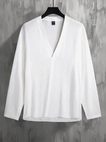 Manfinity Homme 男士寬鬆純色v領垂墜肩襯衫 - 白色 - 查看 4