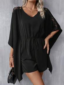 SHEIN Clasi Contrast Lace Batwing Sleeve Drawstring Waist Romper - Black - View 7