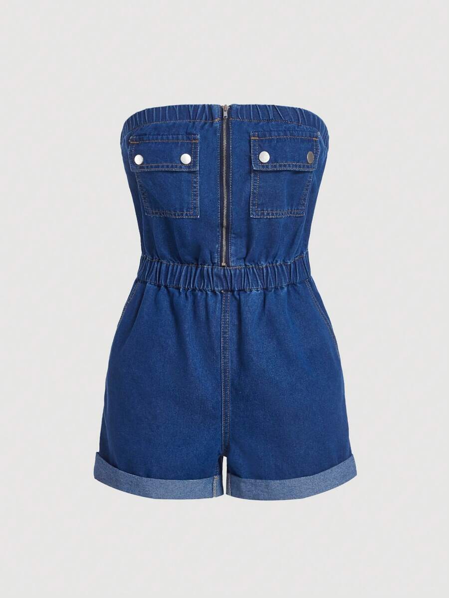 SHEIN MOD Túi có nắp Dây kéo Ống Áo liền quần denim - Rửa trung bình - Xem 1