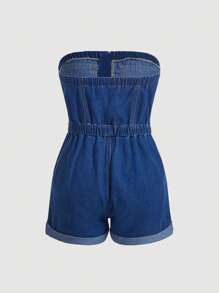 SHEIN MOD Túi có nắp Dây kéo Ống Áo liền quần denim - Rửa trung bình - Xem 2