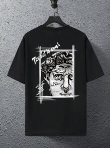 Manfinity EMRG 寬鬆款男士圖形t恤,搭配人物和字母設計 - 黑色 - 查看 2