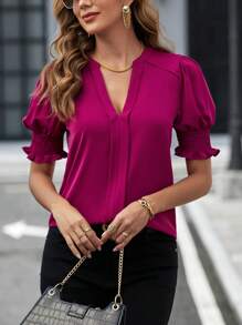 SHEIN Clasi Notched Neck Puff Sleeve Blouse,Short Sleeve Tops
