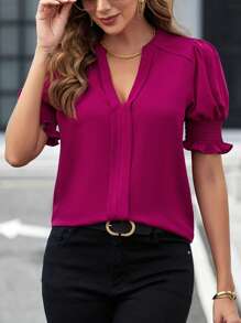 SHEIN Clasi Notched Neck Puff Sleeve Blouse,Short Sleeve Tops