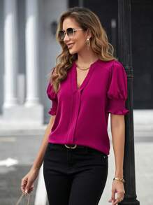 SHEIN Clasi Notched Neck Puff Sleeve Blouse,Short Sleeve Tops