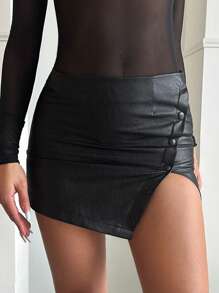SHEIN SXY Button Detail Split Hem PU Leather Skirt - Black - View 1