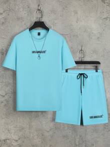 Manfinity Hypemode Men Letter Graphic Tee & Drawstring Waist Shorts - Blue - View 1