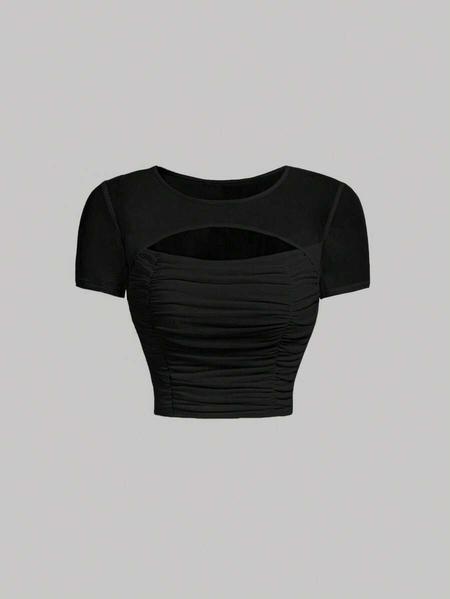 SHEIN MOD Áo croptop đen dáng suông khoét eo, xếp ly phía trước, thích hợp cho kỳ nghỉ hè, hẹn hò, dã ngoại, tiệc tùng, dạ hội, lễ hội và sinh nhật; phong cách cổ điển lãng mạn, áo dự tiệc, áo đi club, áo đi biển, mặc hàng ngày, thường ngày, áo hẹn hò, áo phong cách Y2K. - màu đen - Xem 1