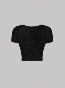 SHEIN MOD Áo croptop đen dáng suông khoét eo, xếp ly phía trước, thích hợp cho kỳ nghỉ hè, hẹn hò, dã ngoại, tiệc tùng, dạ hội, lễ hội và sinh nhật; phong cách cổ điển lãng mạn, áo dự tiệc, áo đi club, áo đi biển, mặc hàng ngày, thường ngày, áo hẹn hò, áo phong cách Y2K. - màu đen - Xem 2