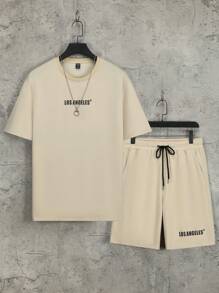 Manfinity Hypemode 男士字母圖案T恤和腰部抽繩短褲 - 卡其色 - 查看 1