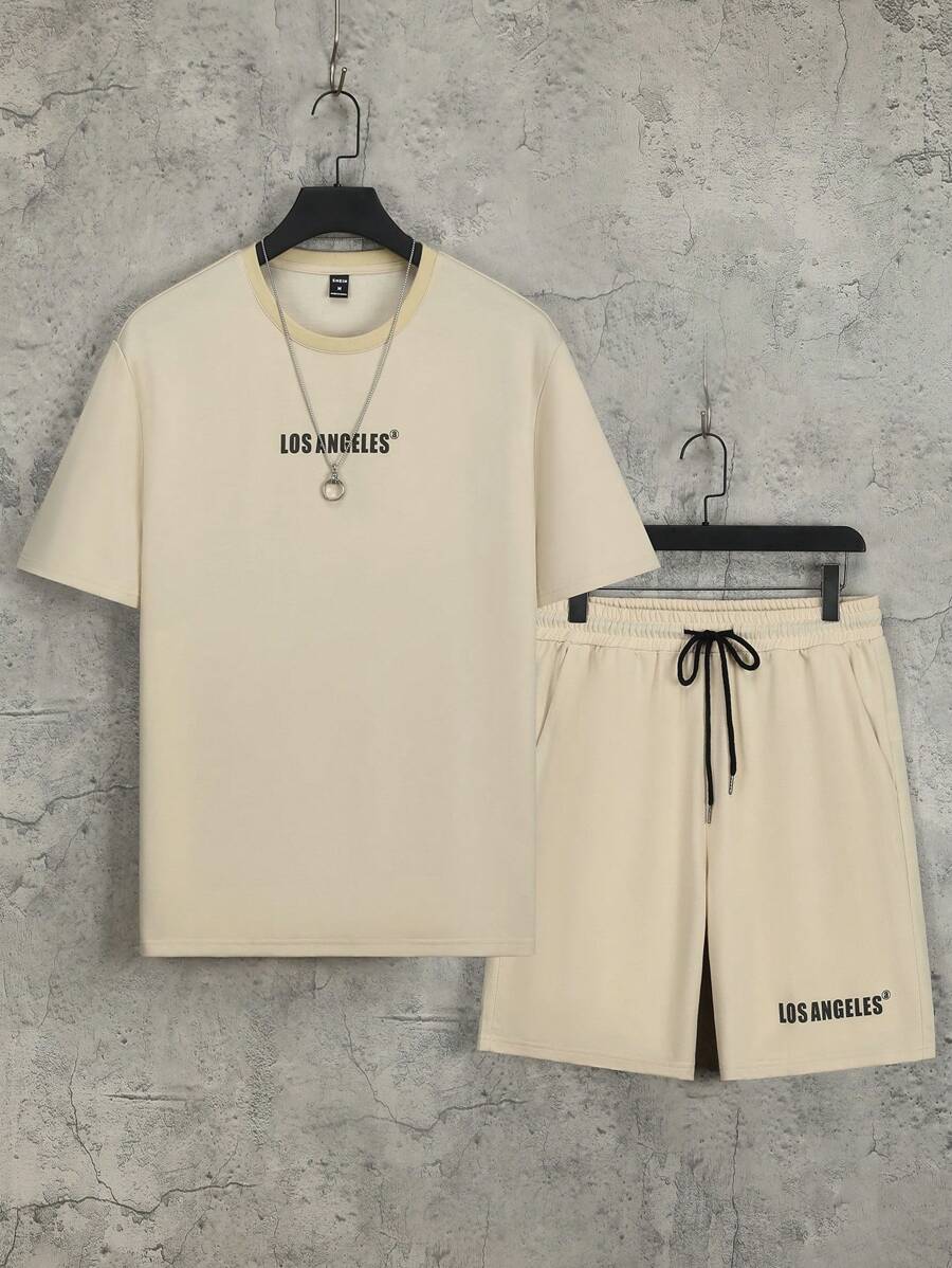 Manfinity Hypemode 男士字母圖案T恤和腰部抽繩短褲 - 卡其色 - 查看 1