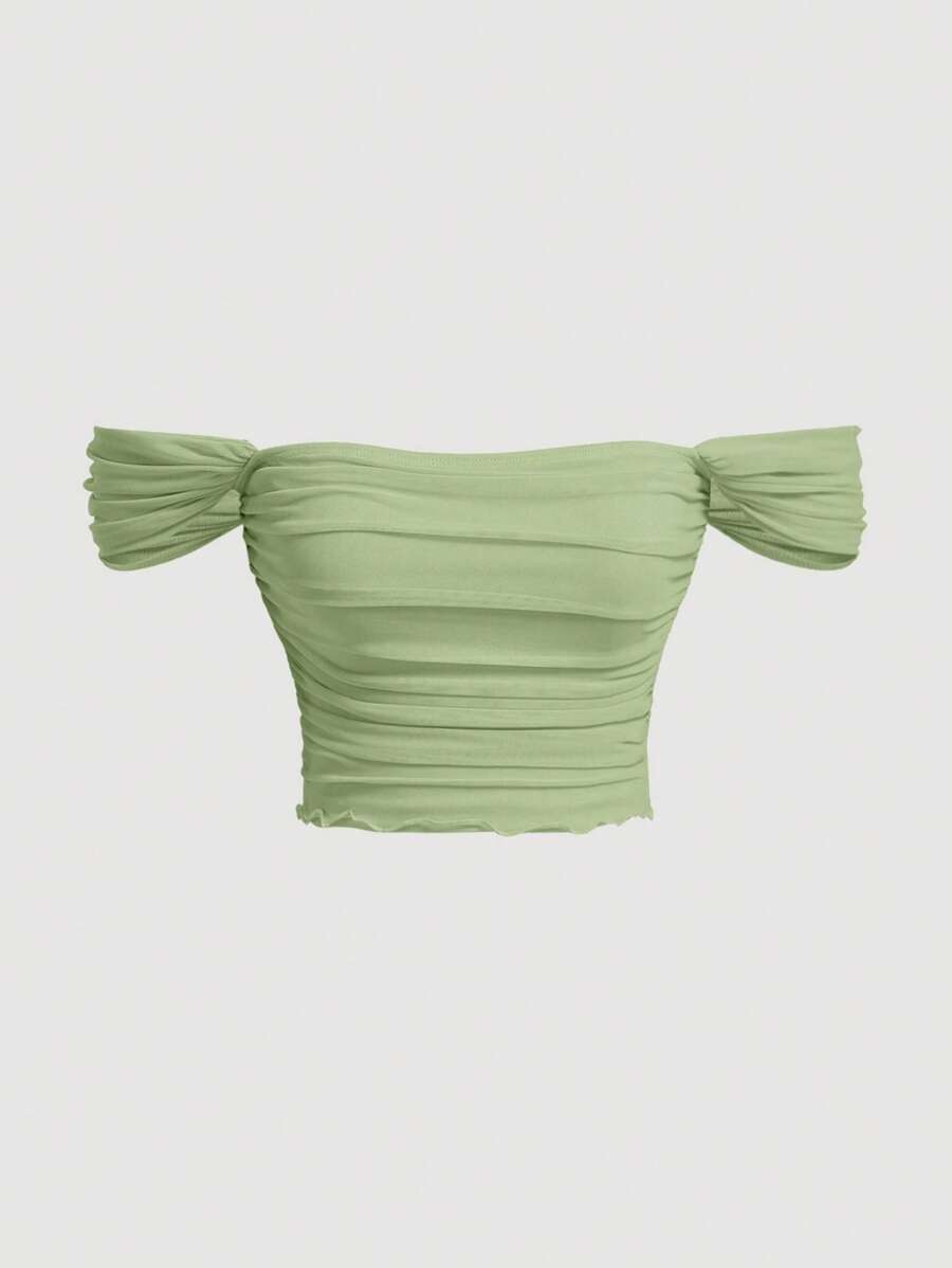 SHEIN MOD Palace Off Shoulder Ruched Mesh Green Top - Lime Green - View 1