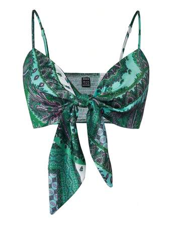 SHEIN Privé 滿版印花前繫帶吊帶上衣