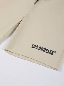 Manfinity Hypemode 男士字母圖案T恤和腰部抽繩短褲 - 卡其色 - 查看 6