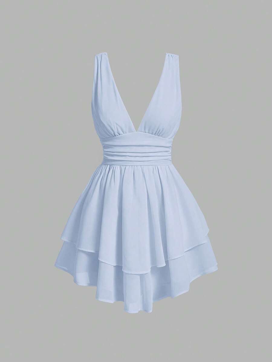 SHEIN MOD 素色抽褶腰二層下擺連衣裙 - 淺藍色 - 查看 1