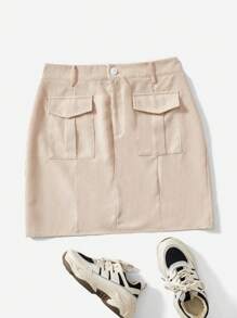 SHEIN EZwear 大碼戶外運動風翻蓋口袋燈芯絨半身裙