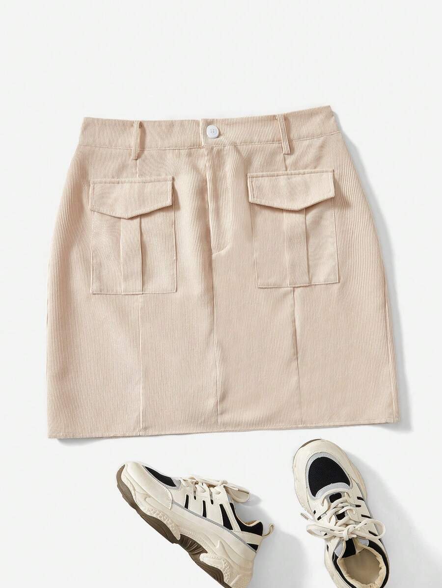 SHEIN EZwear 大碼戶外運動風翻蓋口袋燈芯絨半身裙