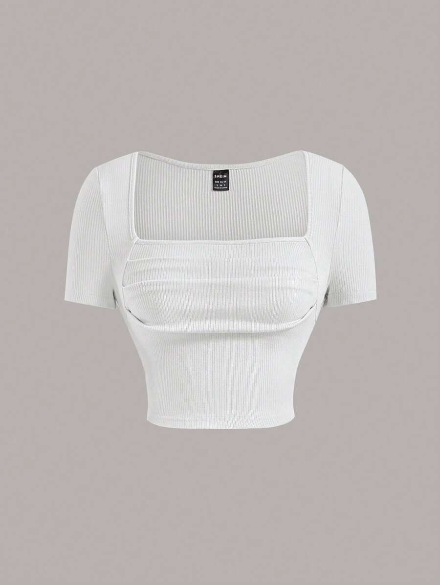 SHEIN MOD Cổ vuông Đồ đan Ribbed Áo thun - trắng - Xem 1