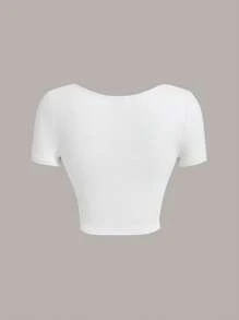 SHEIN MOD Cổ vuông Đồ đan Ribbed Áo thun - trắng - Xem 2