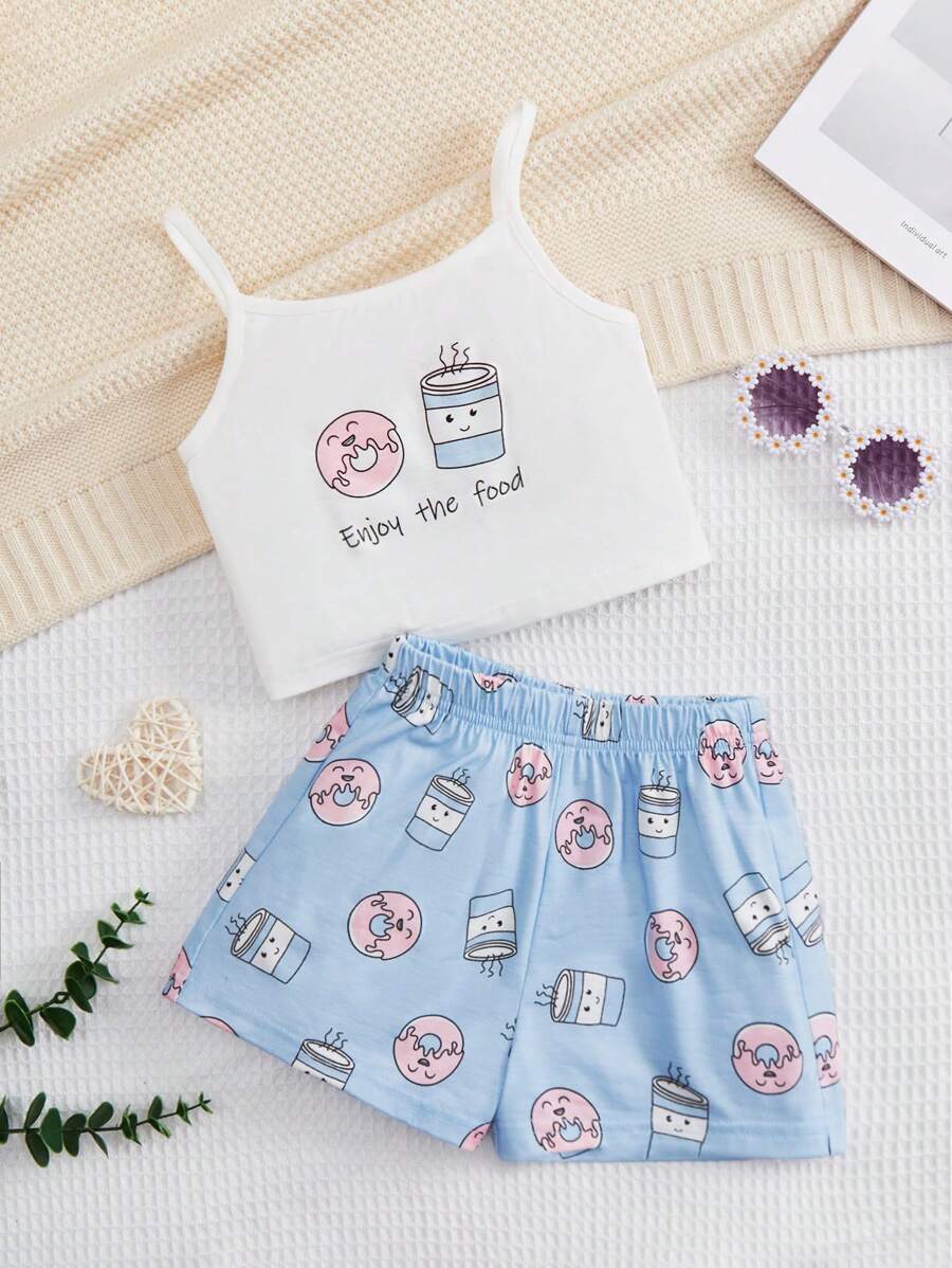 SHEIN Chica Joven Conjunto de pijama con estampado de slogan y dibujos animados