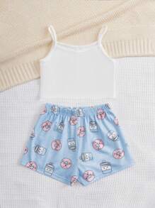 SHEIN Chica Joven Conjunto de pijama con estampado de slogan y dibujos animados