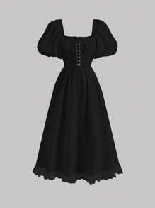 SHEIN MOD Lace Up Front Puff Sleeve Dress - Black - View 1