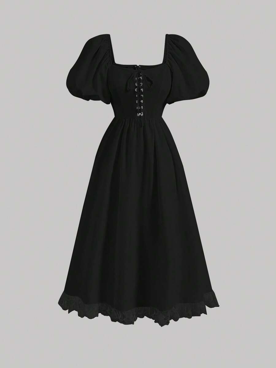 SHEIN MOD Lace Up Front Puff Sleeve Dress - Black - View 1