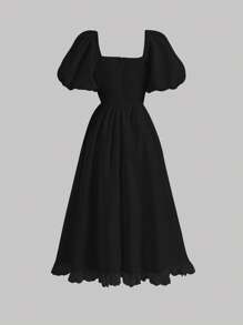 SHEIN MOD Lace Up Front Puff Sleeve Dress - Black - View 2