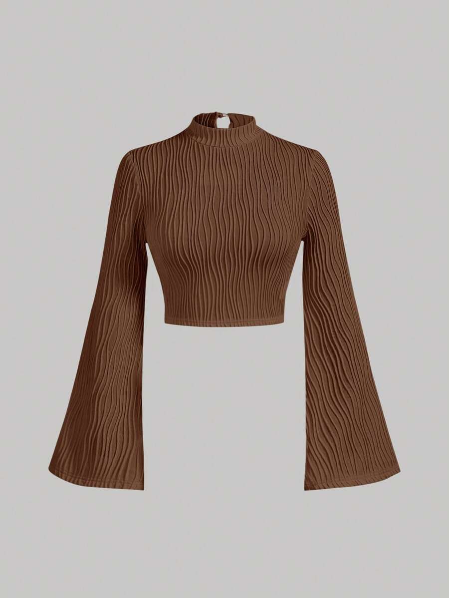 SHEIN MOD Camiseta crop de cuello alto de manga campana - Café integral - Ver 1