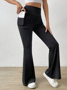 SHEIN LUNE Thắt lưng rộng Quần ống loe Có túi điện thoại - màu đen - Xem 2