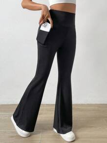 SHEIN LUNE Thắt lưng rộng Quần ống loe Có túi điện thoại - màu đen - Xem 4