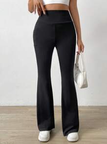 SHEIN LUNE Thắt lưng rộng Quần ống loe Có túi điện thoại - màu đen - Xem 5