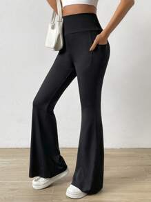 SHEIN LUNE Thắt lưng rộng Quần ống loe Có túi điện thoại - màu đen - Xem 1