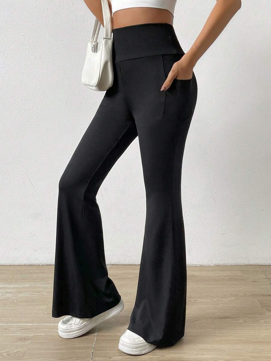 SHEIN LUNE Thắt lưng rộng Quần ống loe Có túi điện thoại - màu đen - Xem 1