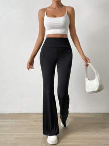 SHEIN LUNE Thắt lưng rộng Quần ống loe Có túi điện thoại - màu đen - Xem 6