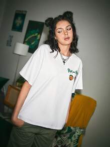 Rick and Morty | ROMWE 字母和漫畫人物圖形下垂肩t恤 - 白色 - 查看 5