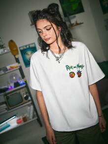 Rick and Morty | ROMWE 字母和漫畫人物圖形下垂肩t恤 - 白色 - 查看 4