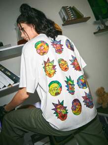 Rick and Morty | ROMWE 字母和漫畫人物圖形下垂肩t恤 - 白色 - 查看 3